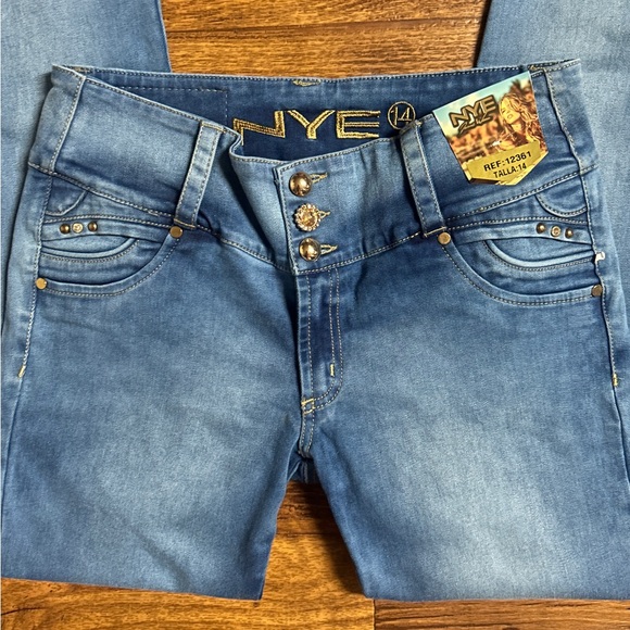 NYE • Size 14 • Denim Blue W/ Multi-Colors Braided • Gold/Diamond Studded •Jeans - Picture 7 of 12